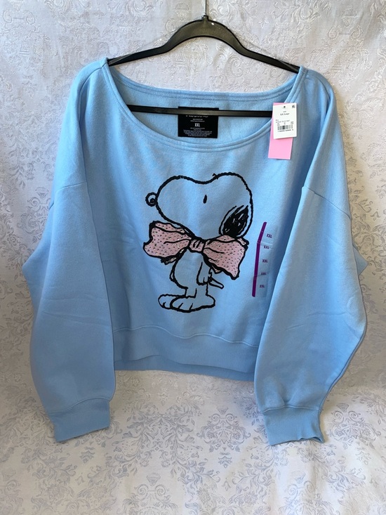 Peanuts Sweaters - NWT Peanuts Light Blue Off-Shoulder Sweatshirt with Pink Bow Snoopy.  See XXL.